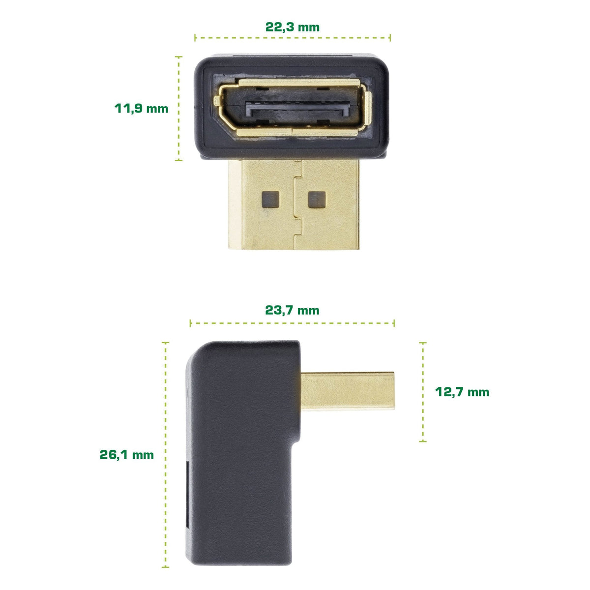 Adaptador Inline Displayport, Displayport Macho/Hembra En Ángulo Hacia Abajo