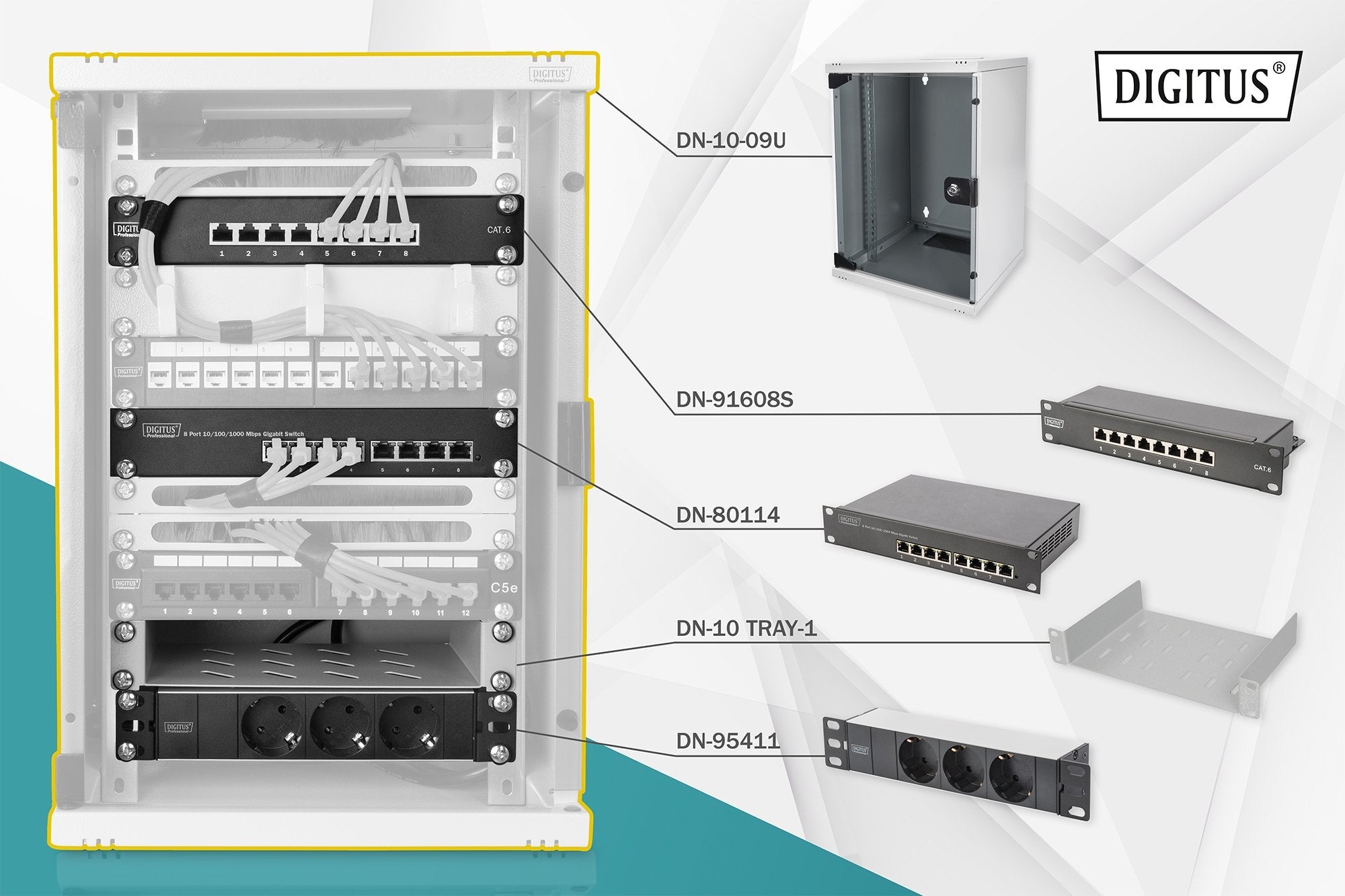 Conjunto Digitus 254mm 9u 10 '' 312x300mm Estante, Pdu, Swi De 8 Puertos