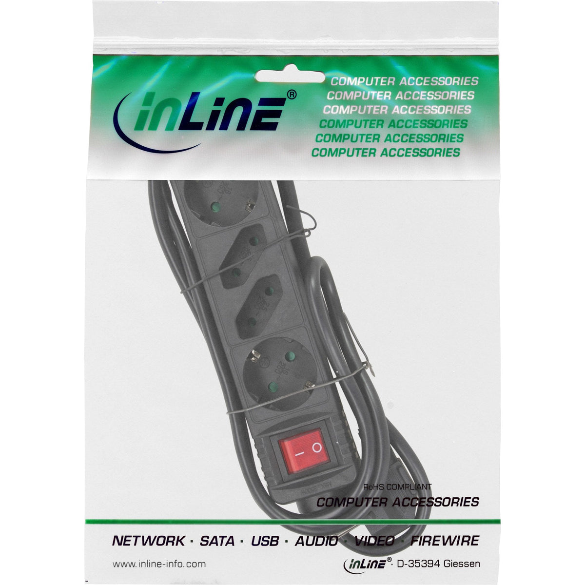 Inline Regleta 4 Tomas 2x Tipo F + 2x Euro Con Interruptor Negro 3m