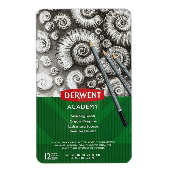 Derwent Academy Lápices De Grafito Para Sketching 5h-6b En Caja Metálica De 12ud