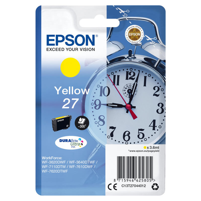 Epson 27 3.6 Ml Amarillo Original Blíster Con Alarmas De Rf/Acústica Cartucho De Tinta Para Workforce Wf-3620 Wf-3640 Wf-7110 Wf-7610 Wf-7620 Wf-7715 Wf-7720