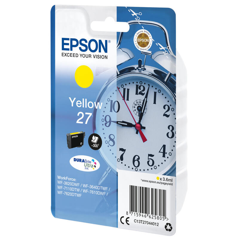 Epson 27 3.6 Ml Amarillo Original Blíster Con Alarmas De Rf/Acústica Cartucho De Tinta Para Workforce Wf-3620 Wf-3640 Wf-7110 Wf-7610 Wf-7620 Wf-7715 Wf-7720