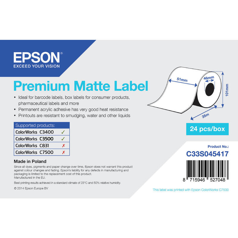 Epson Premium Matte Label 51mmx35m Continuous Roll