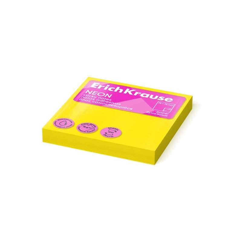 Erichkrause Bloc De 100 Notas Adhesivas 75x75mm - Removibles - Amarillo Neon