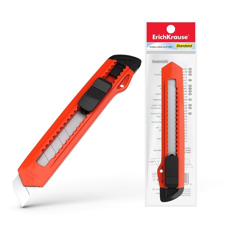Erichkrause Cuter Con Fijador Push-Lock Standard - Sistema De Sujecion De Cuchilla Con Seguro De Empuje - Partidor Incorporado - Cuchilla Segmentada De Acero Resistente Al Desgaste - Color Variado