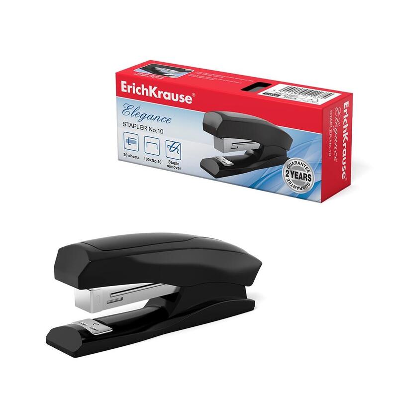 Erichkrause Grapadora Elegance - Hasta 20 Hojas - Quita Grapas Incorporado - Plastico Resistente A Los Golpes - Mecanismo De Acero De Alta Calidad - Grapas Metalicas Solidas - Capacidad 100 Grapas ?10 - Color Negro