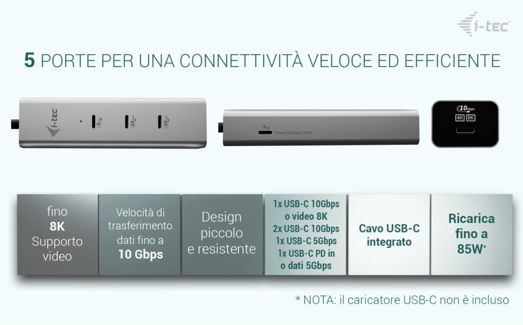 I-Tec Usb-C Charging Metal Hub 5port With Usb-C Video 8k 1xusb-C Video Data 1xusb-C Pd Data 1xusb-C 3.2 Gen1 2xusb-C 3.2 Gen2 Pd85w