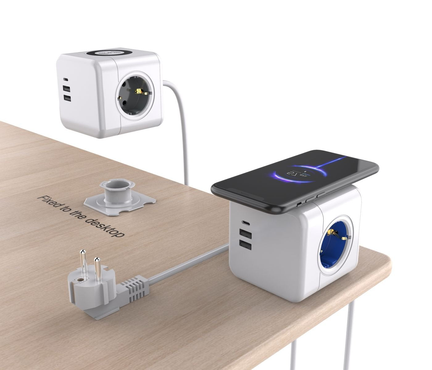 Power Cube With Wireless  Charging, 3 Schuko Outlets, 2