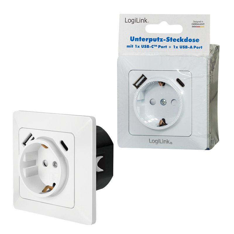 Toma De Pared 1 Base De Enchufe Schuko Y 1 Usb-A 1 Usb-C  Pd Blanco  Logilink