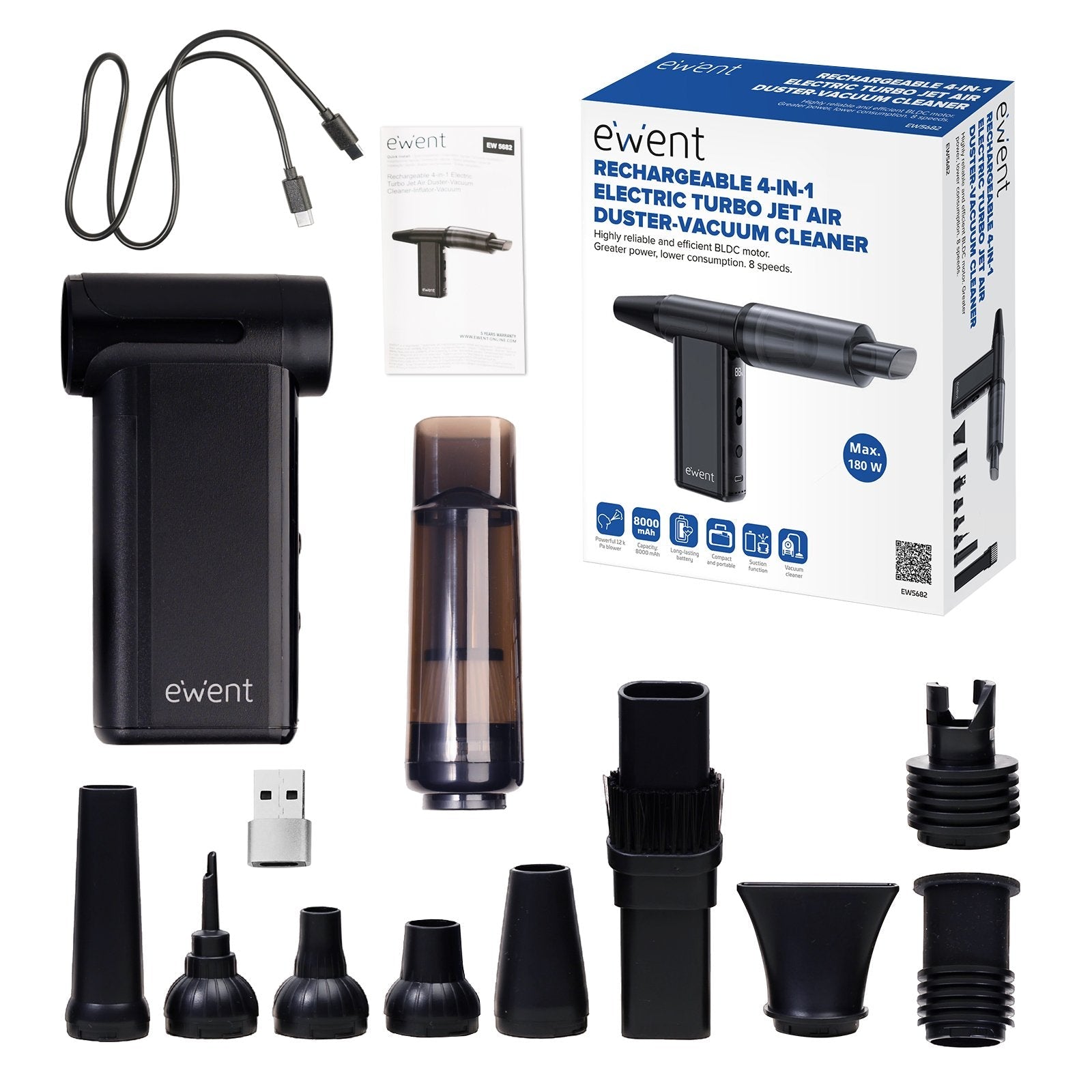 Ewent Pistola De Aire Comprimido 8 Velocidades, Aspirador, Bomba De Vacio E Inflador (180000 Rpm)