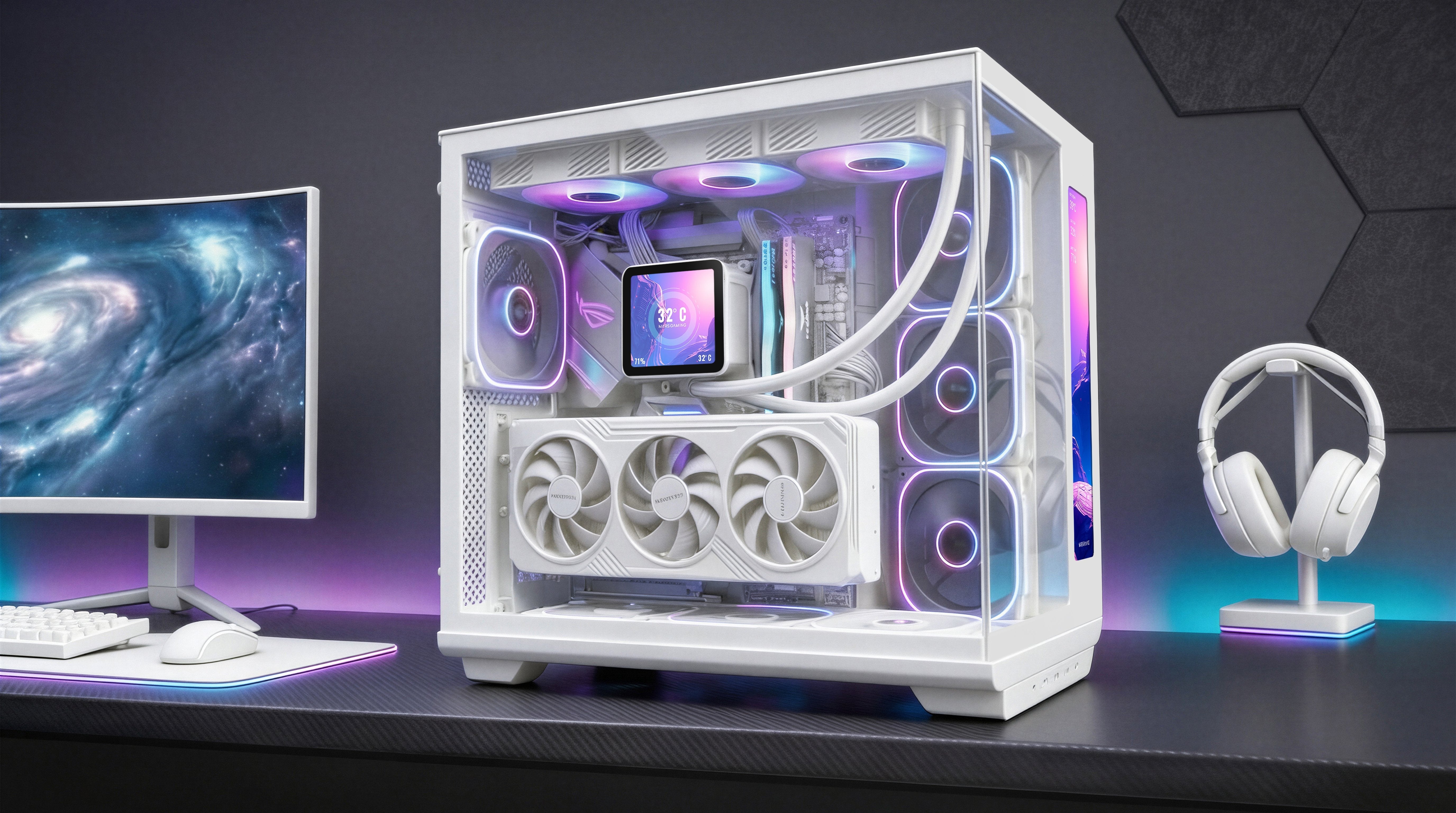 Caja Pc  Atx Mars Gaming Mc-Revmaxw Pantalla Lcd 11.8" Cristal Templado 4x Ventiladores Argb Blanco