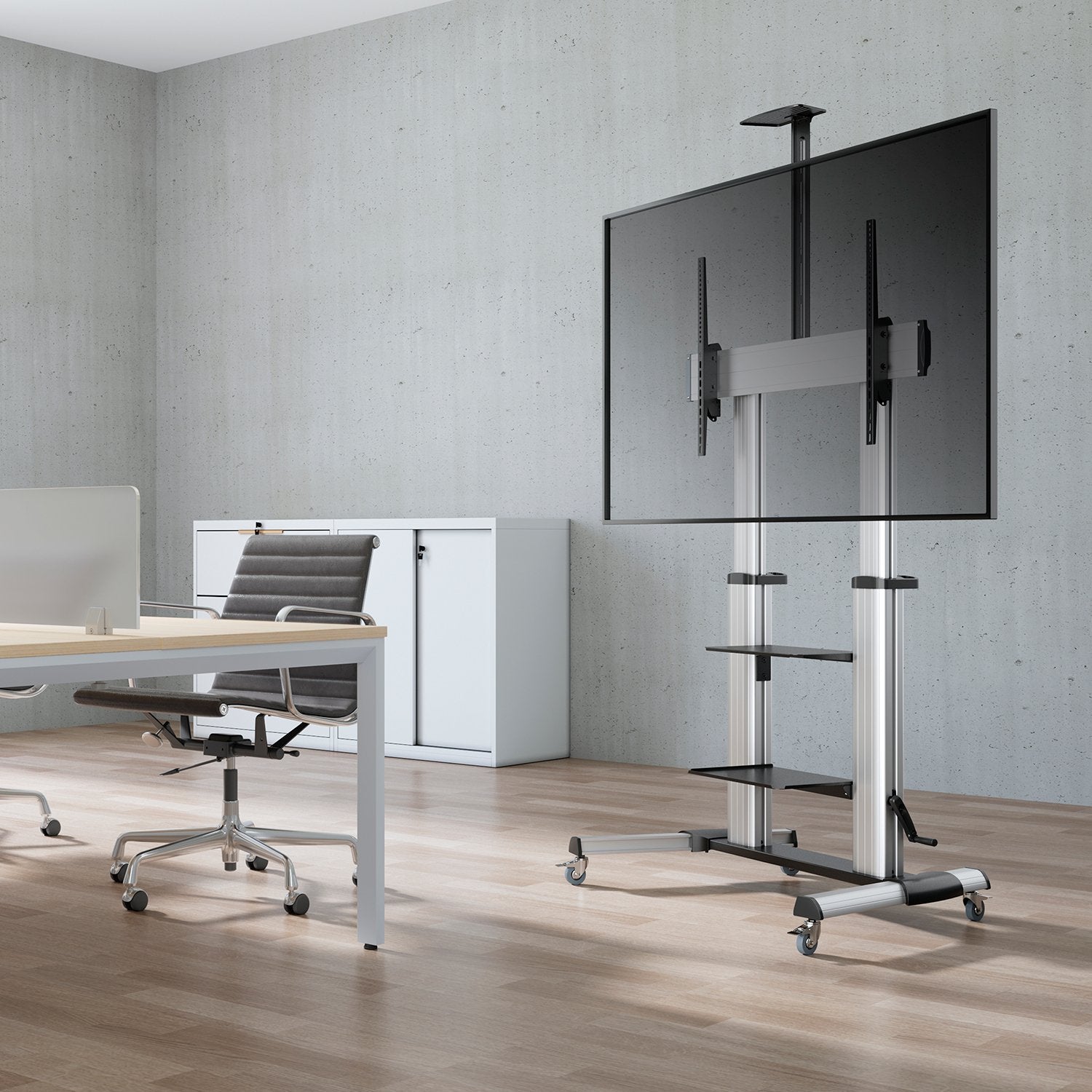 Aisens Soporte De Suelo Pro Con Ruedas Y Manivela - Bandeja Para Dvd Y Soporte De Camara Para Monitor/Tv - Hasta 100kg