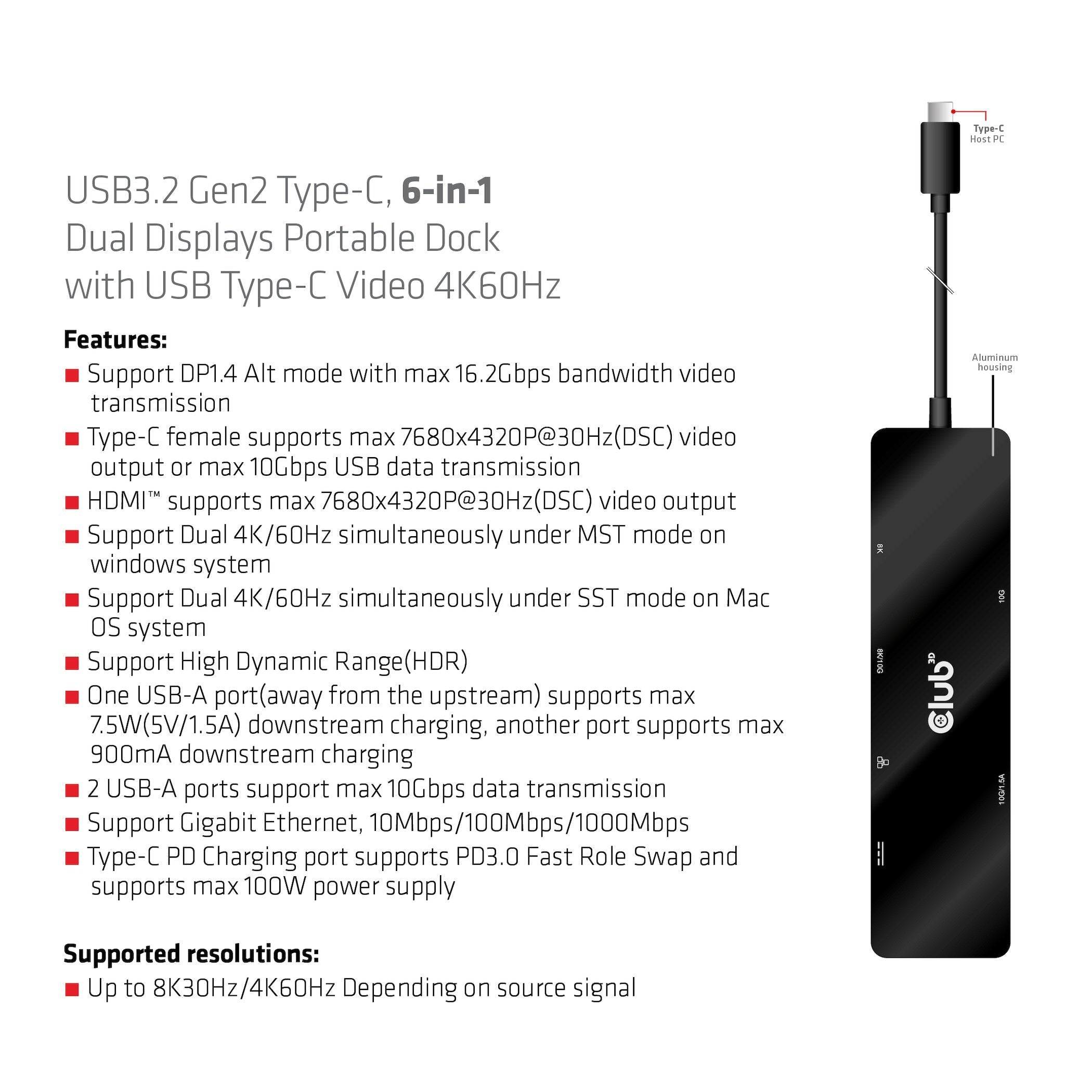 Club3d Usb-C Dock > Hdmi Usb-C 8k 2xusb Usb-C Pd100w Rj45 Retail