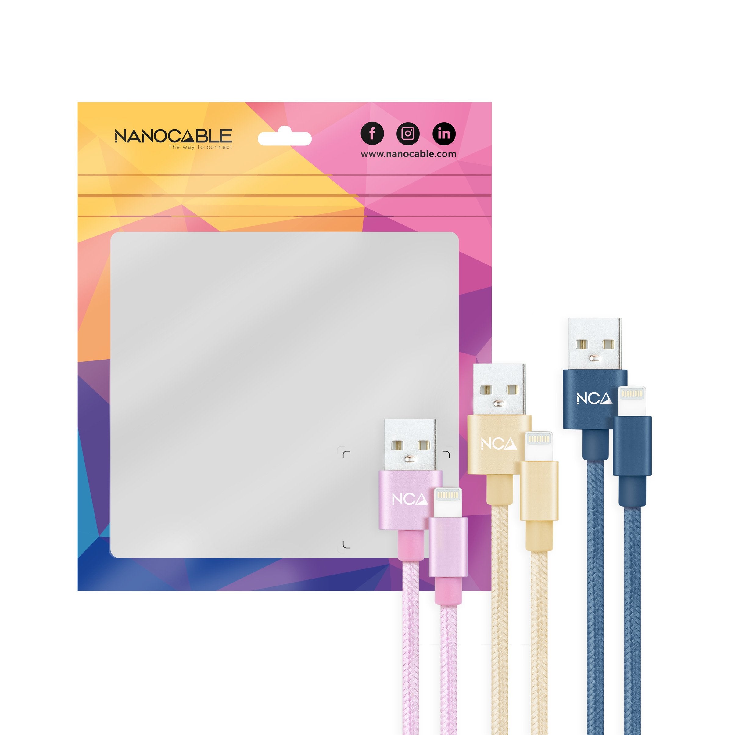 Nanocable Pack De 3 Cables Mallados Usb-A Macho A Lightning Macho - Longitud 1m - Colores Rosa, Dorado Y Azul