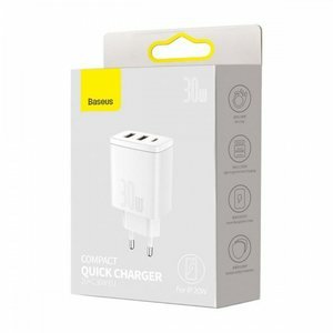 Ladowarka Sieciowa Baseus Compact Quick Charger, 2xusb, Usb-C, Pd, 3a, 30w (Biala)
