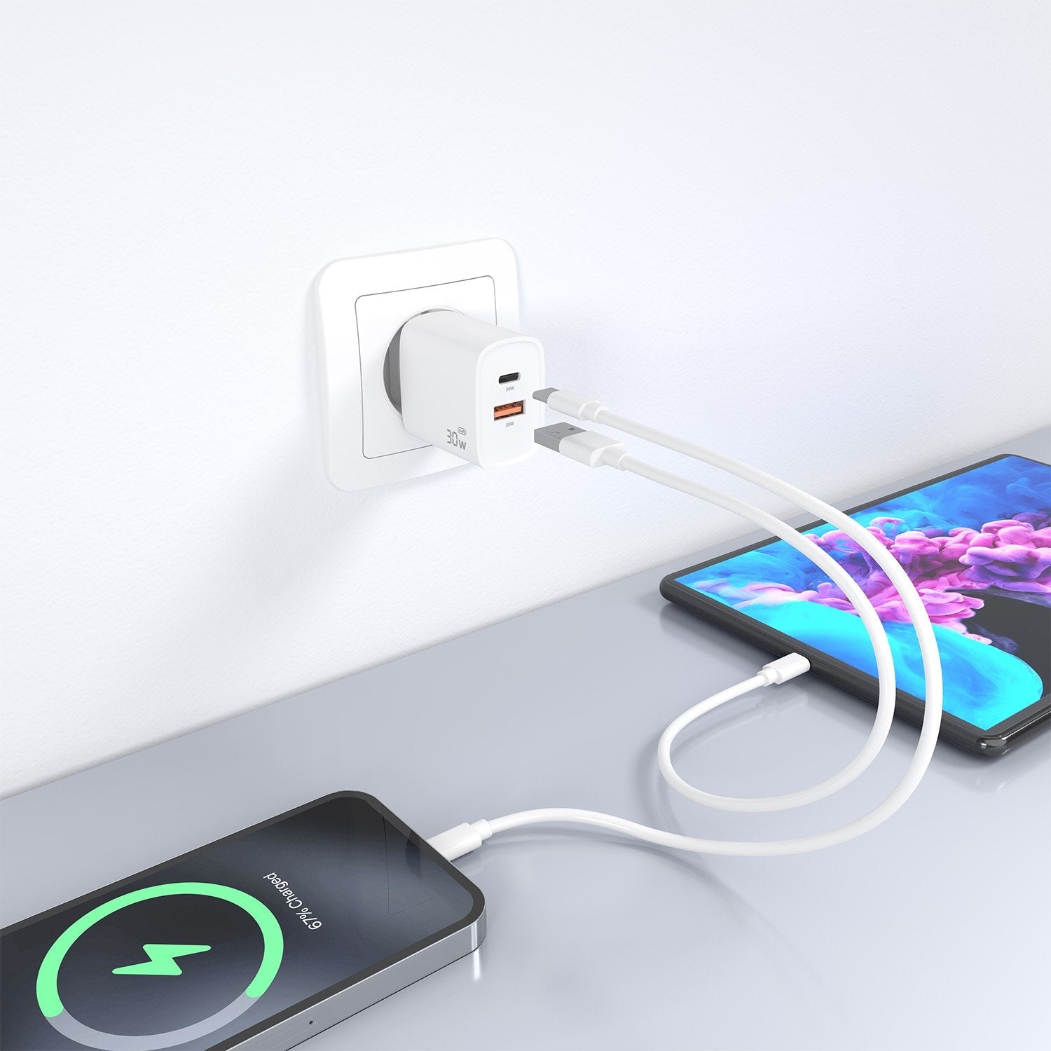 Aisens Cargador Gan 30w, 1xusb-C Pd3.0 Qc4.0, 1xusb-A Qc3.0, Blanco