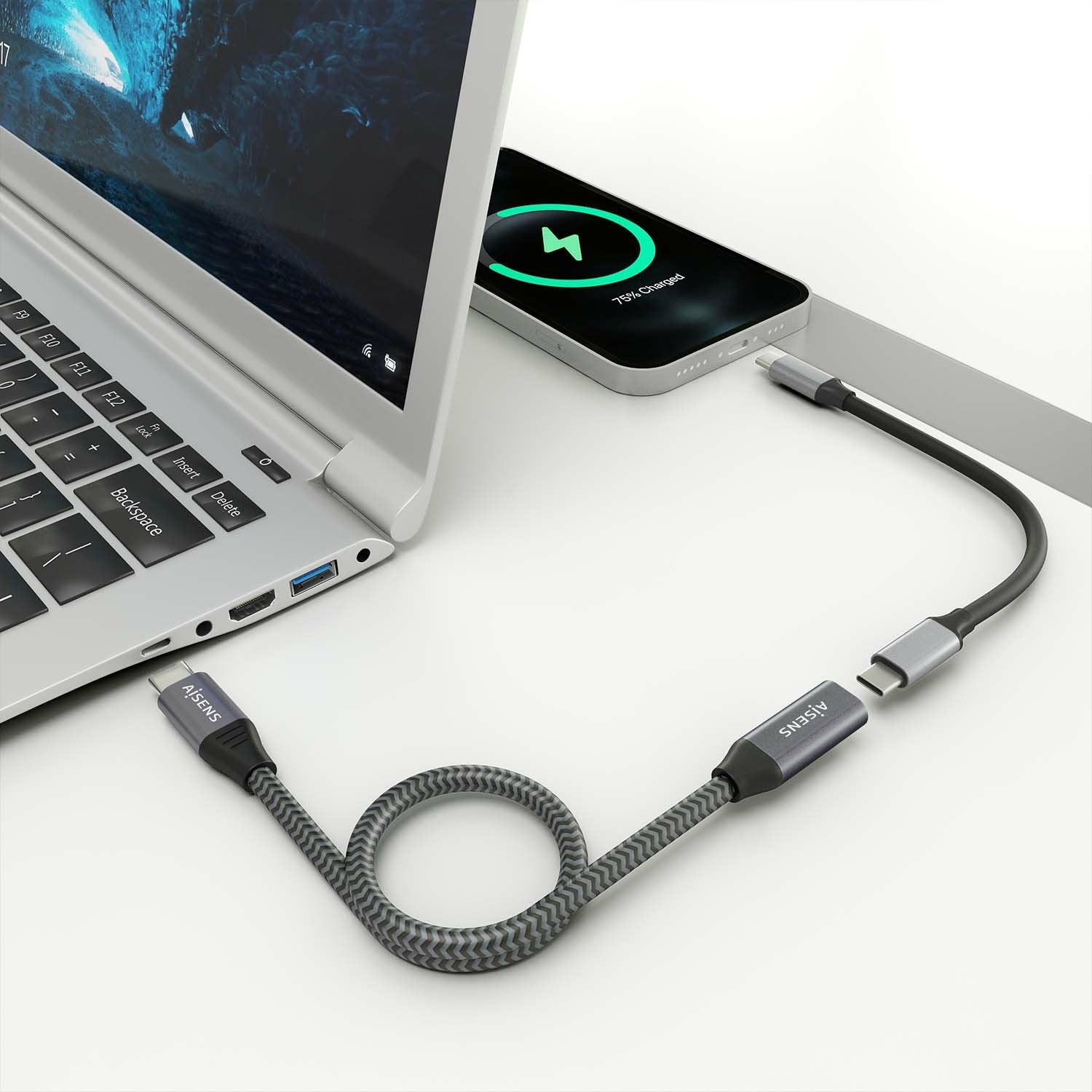 Aisens Cable Usb 3.2 Gen2x2 Aluminio 20gbps 8k@30hz 5a 100w - Tipo Usb-C/M-Usb-C/H - 0.50m - Gris