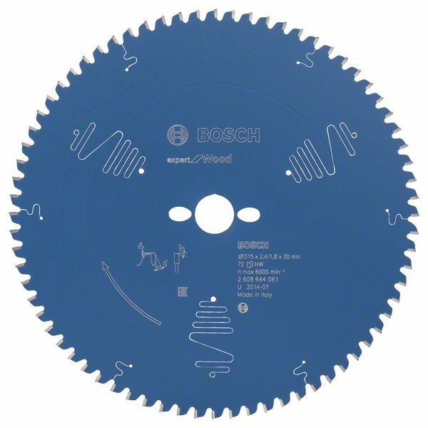 Hoja De Sierra Circular Bosch Professional Expert Para Madera, Ø 315 Mm, Diámetro 72z De 30 Mm, Para Sierras Tronzadoras E Ingletadoras 2608644081