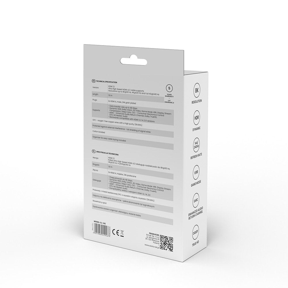 Kabel Hdmi (M) V2.1, 1,8m, 8k, Miedz, Niebiesko-Czarny, Zlote Koncówki, Ethernet/3d, Cl-142