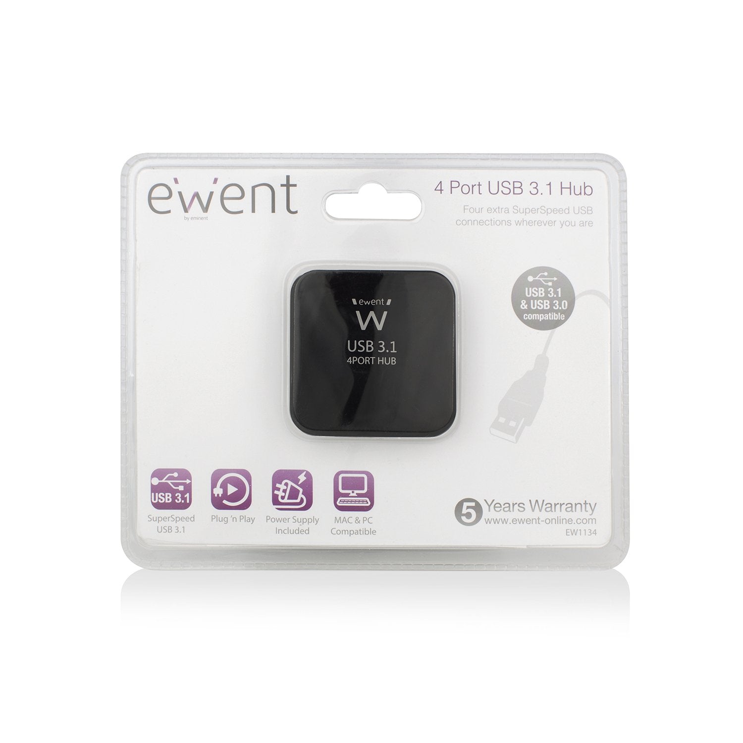 Ewent Usb3.1 Gen 1 Hub 4 Ports Highspeed Ac Powered Ewent Ew1134, Usb 3.1 (3.1 Gen 2) Type-A, Usb 3.0 (3.1 Gen 1) Type-A, 5000 Mbit/S, Negro, 0,525 M, Usb