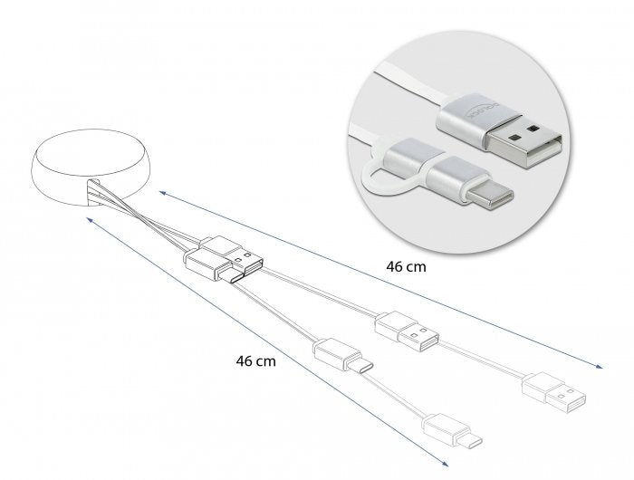 Delock Usb 2.0 2 In 1 Aufrollcable Typ-A Zu Micro-B Und Lightning 8 Pin Weiss   Gold