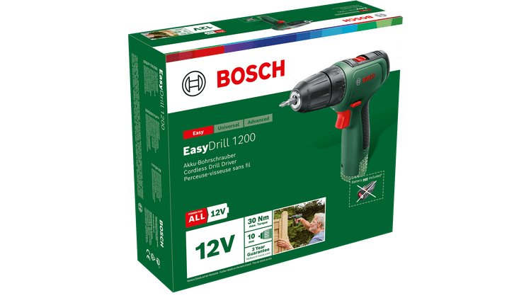 Taladro Atornillador  Bosch Diy & Garden  A Batería Easydrill 1200 + Juego De Brocas Y Brocas De 34 Piezas Verde/Negro, 2 Baterías De Iones De Litio De 1,5 Ah, Maletín 06039d3008