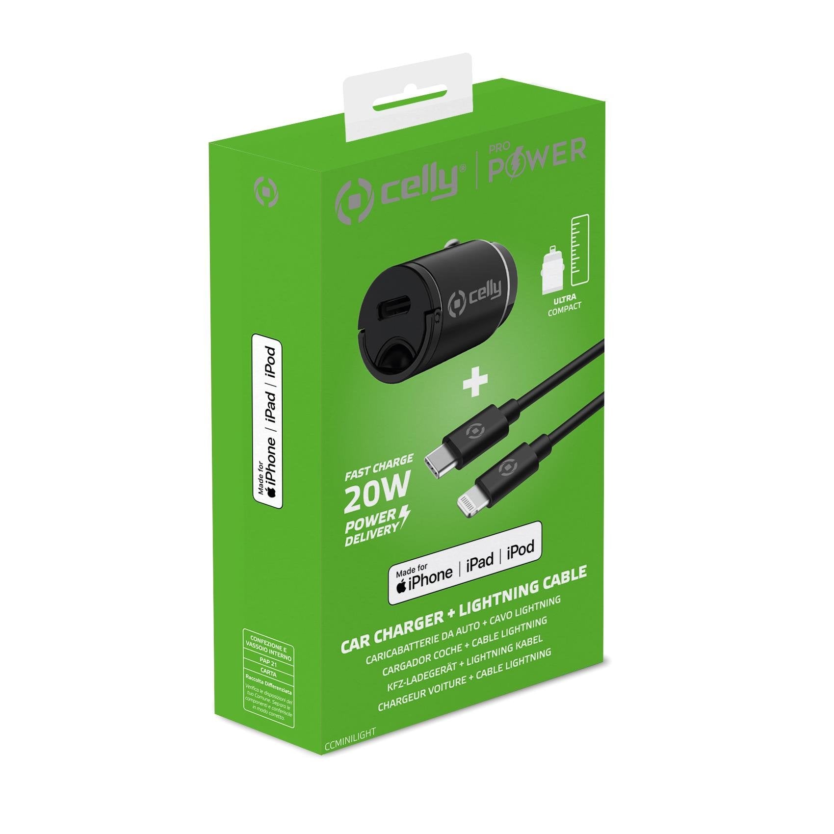 Celly Ccminilight Cargador Coche 20w Usbc&Cable Negro