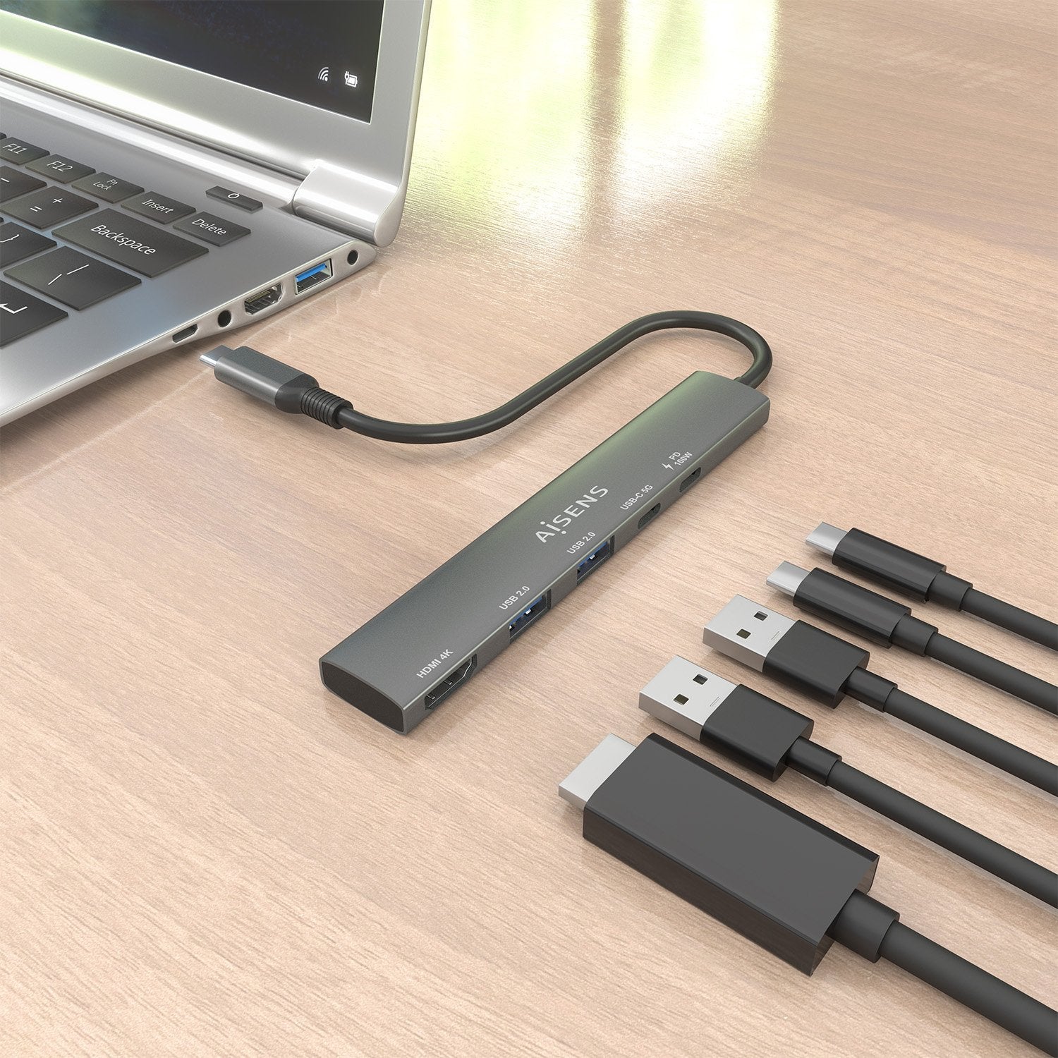 Aisens Usb-C Dock 5 En 1, Usb-C A 1xhdmi 2xusb-A 1xusb-C 1xusb-C Pd, Gris, 15cm