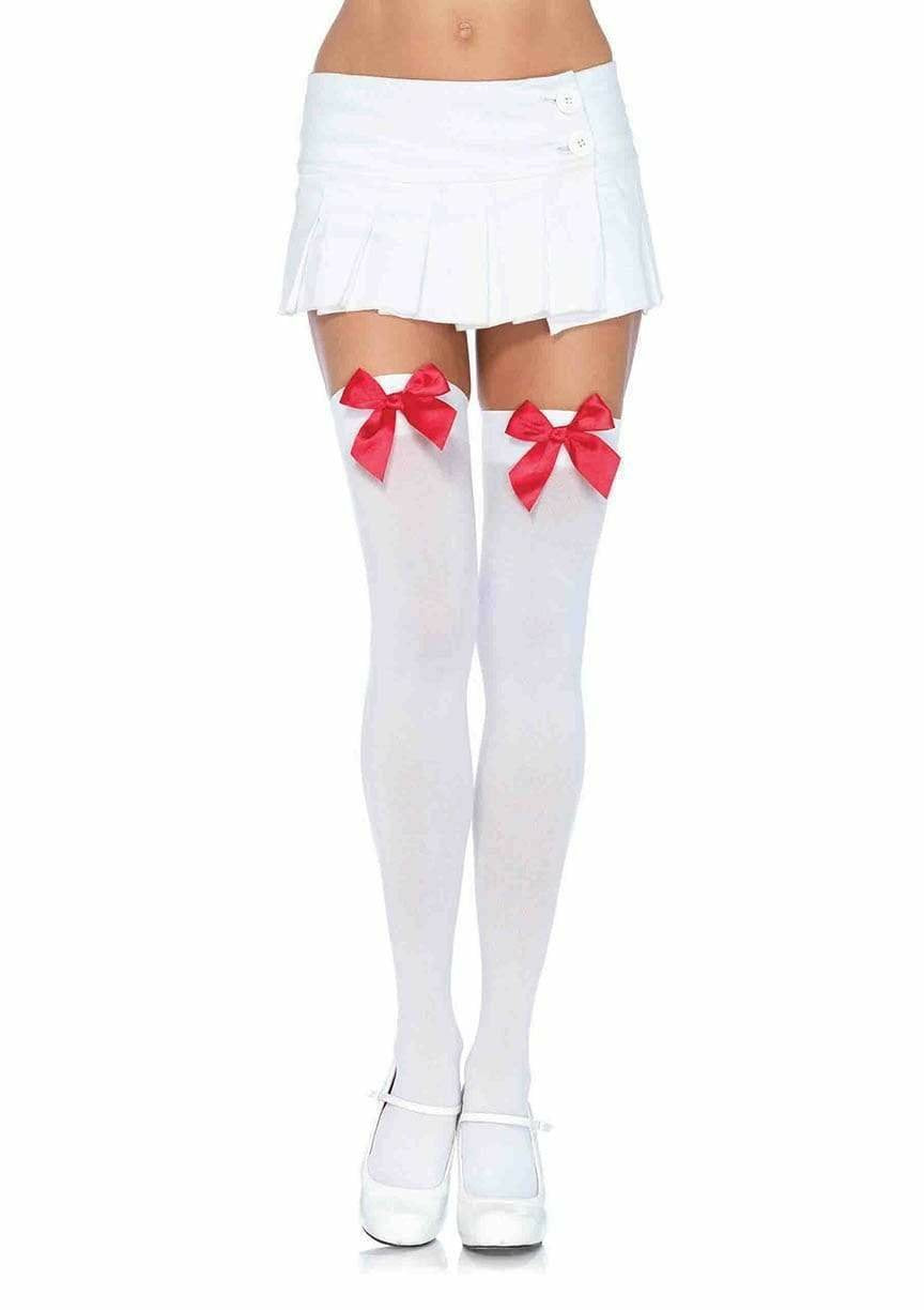 Leg Avenue - Medias Nylon Blanco Y Lazo Rojo