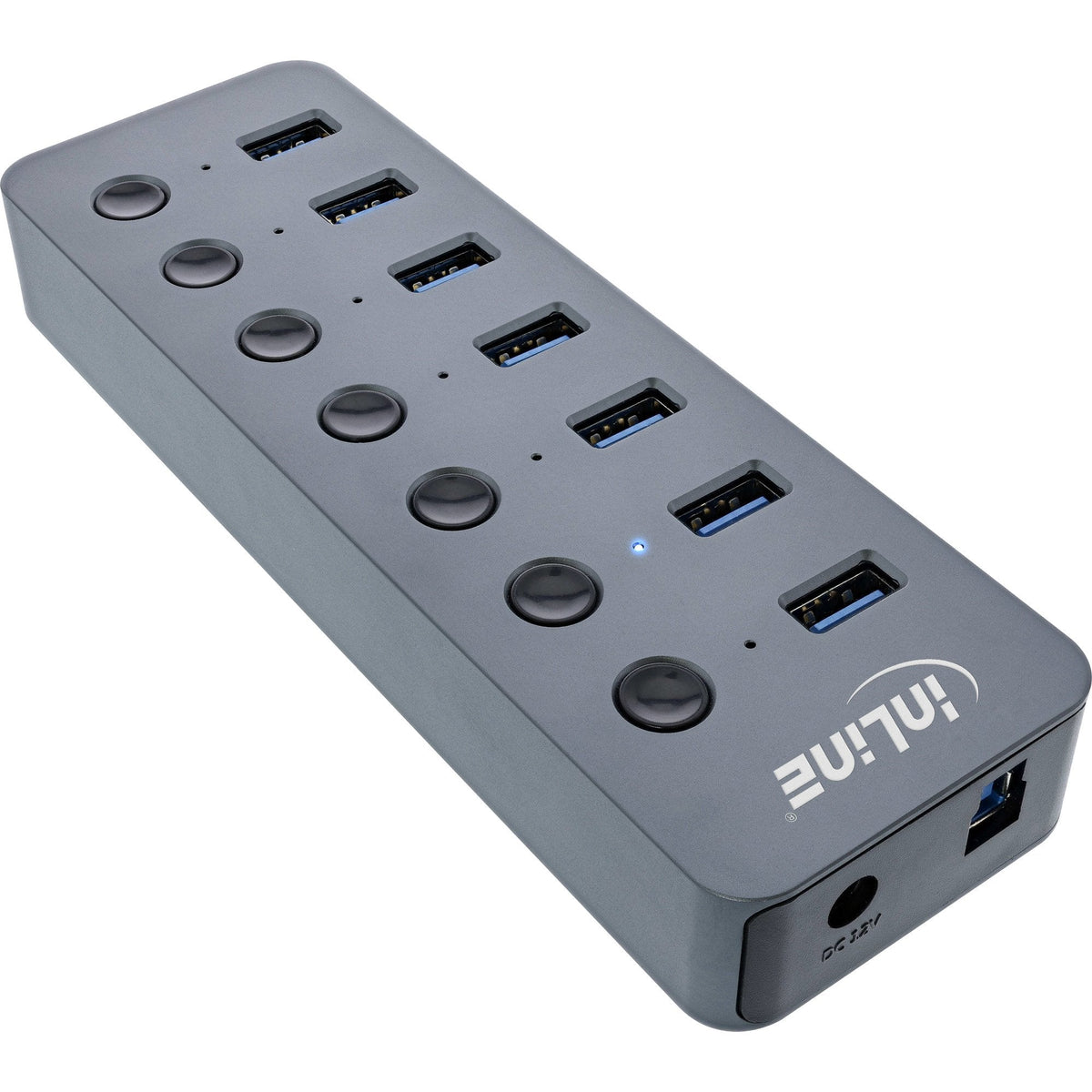 Hub Inline Usb 3.2 Gen.1, 7 Puertos, Con Interruptor, Aluminio, Gris, Con Fuente De Alimentación