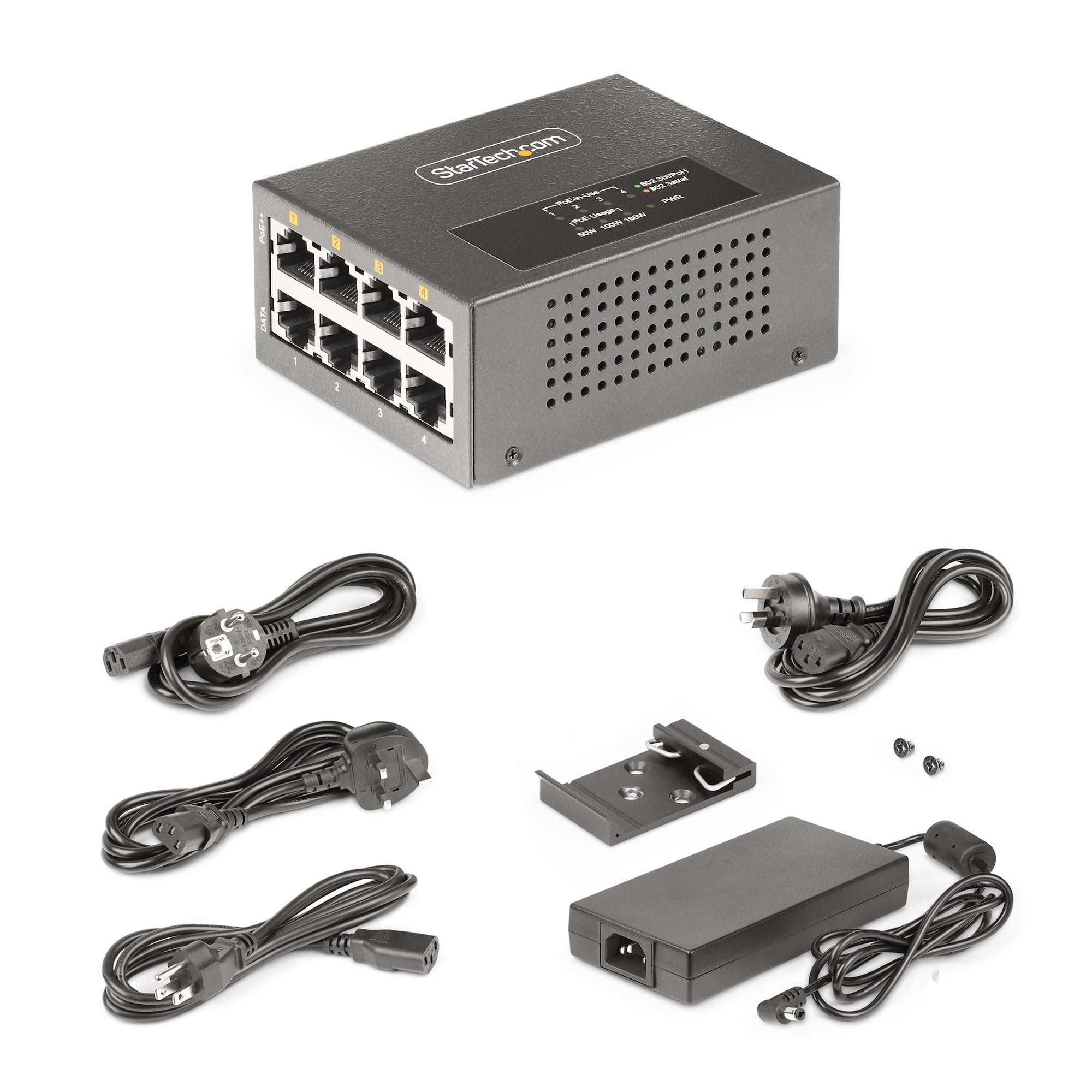Startech.Com Switch Poe / Poe+ / Poe++ 802.3af/802.3at/802.3bt De 4 Puertos - 95w - 160w De Capacidad De Potencia - Inyector Power Over Ethernet 5g [Nbase-T] - Sin Gestionar - Para Carril Din / Pared