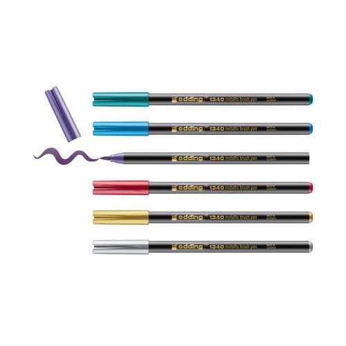Edding 1340 Brush Pack De 6 Rotuladores - Punta Pincel Flexible - Trazo 1-3mm - Tinta Con Base De Agua - Colores Oro,
