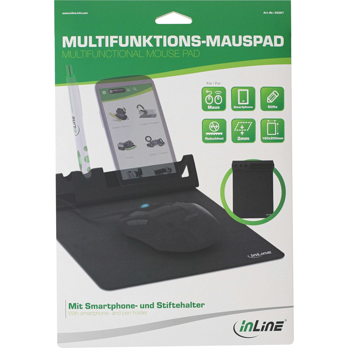 Alfombrilla De Ratón Multifunción Inline Con Soporte Para Smartphone Y Bolígrafo, Negra, Plegable