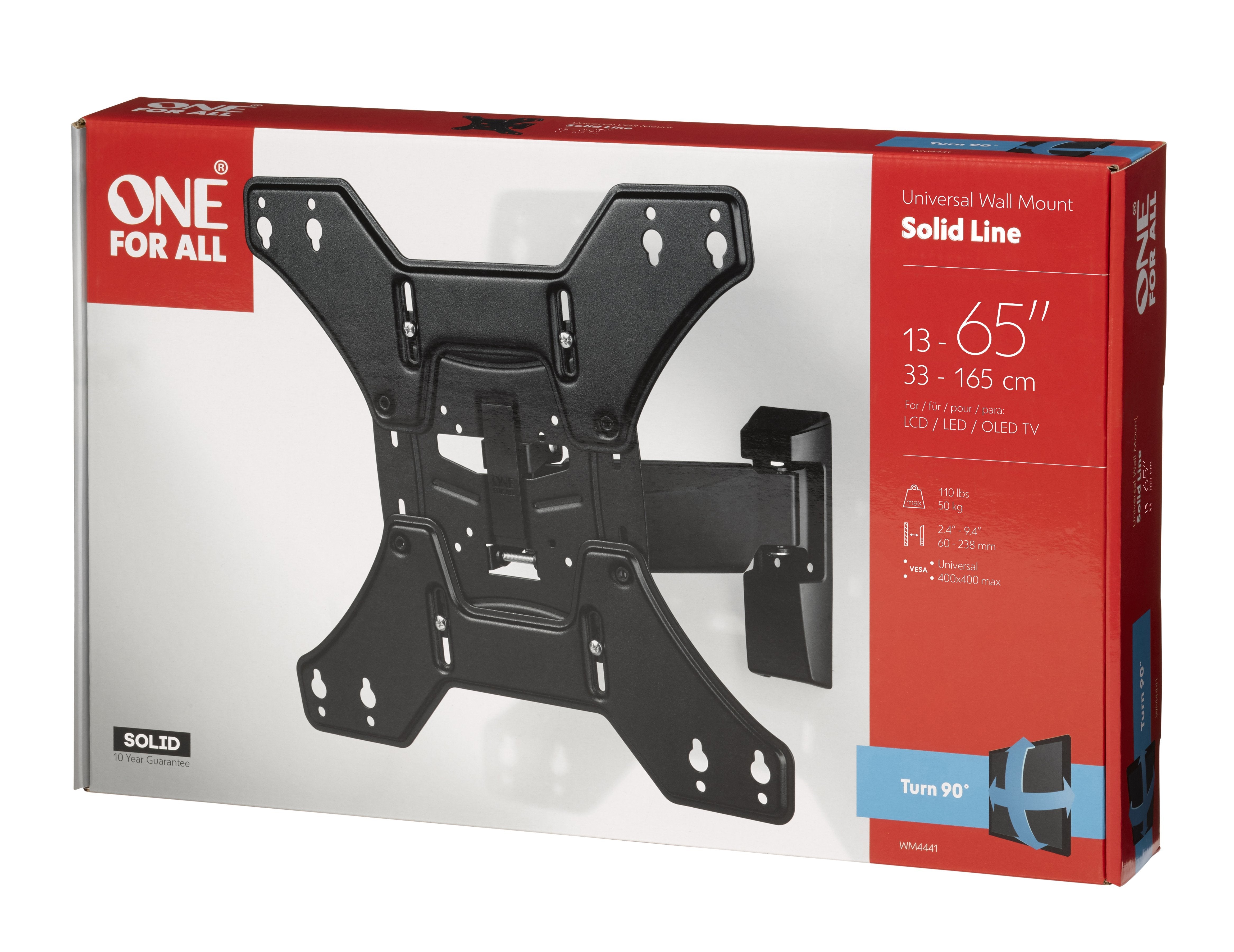 One For All Tv Soporte De Pared De 60 "Solid Turn 90,33 Cm (13"), 152,4 Cm (60"), 75 X 75 Mm, 400 X 400 Mm, 0 - 15°, Negro