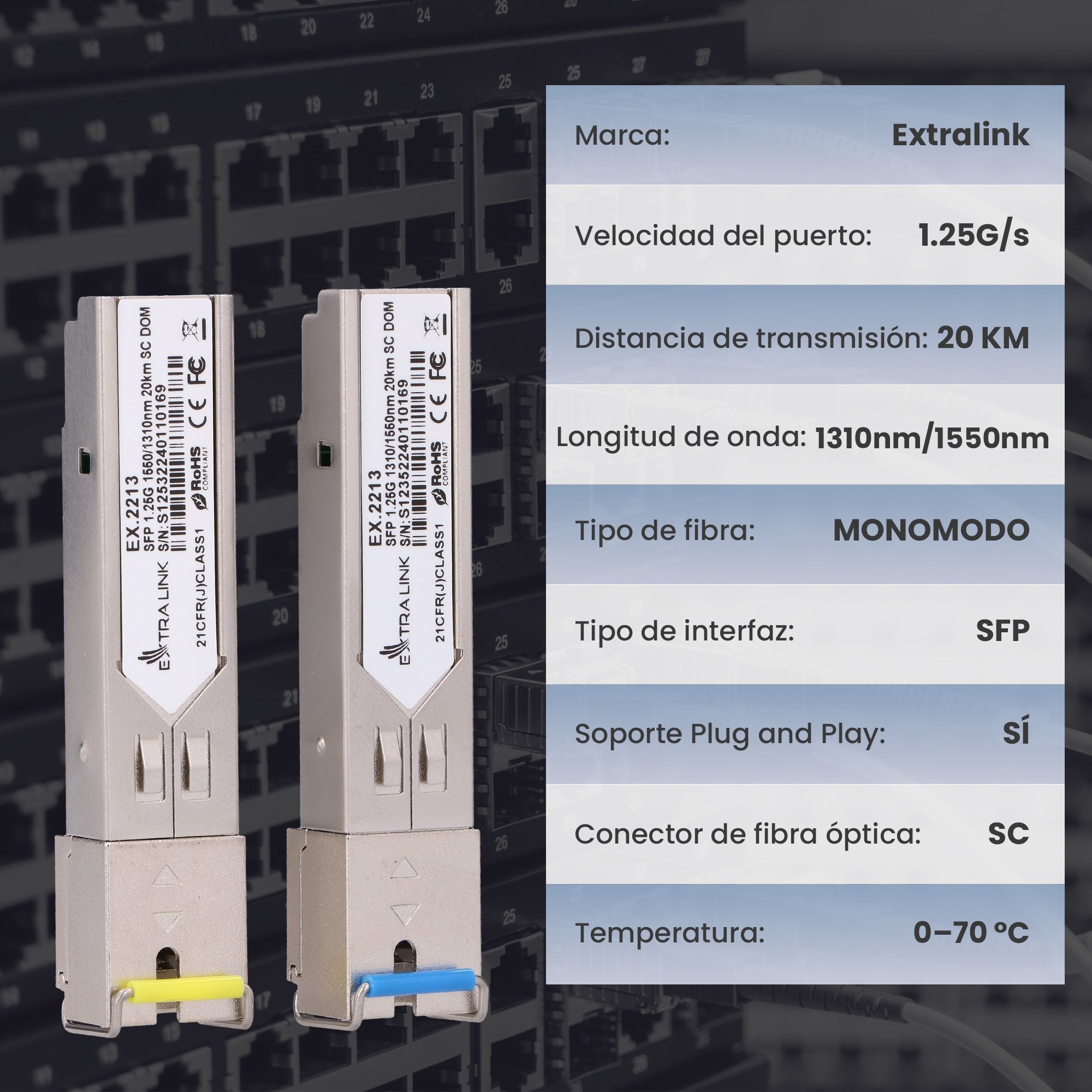 Extralink Sfp 1.25g  Sfp Wdm Módulo  1,25gbps, 1310/1550nm, Single Mode, 20km, Sc, Dom, Pair