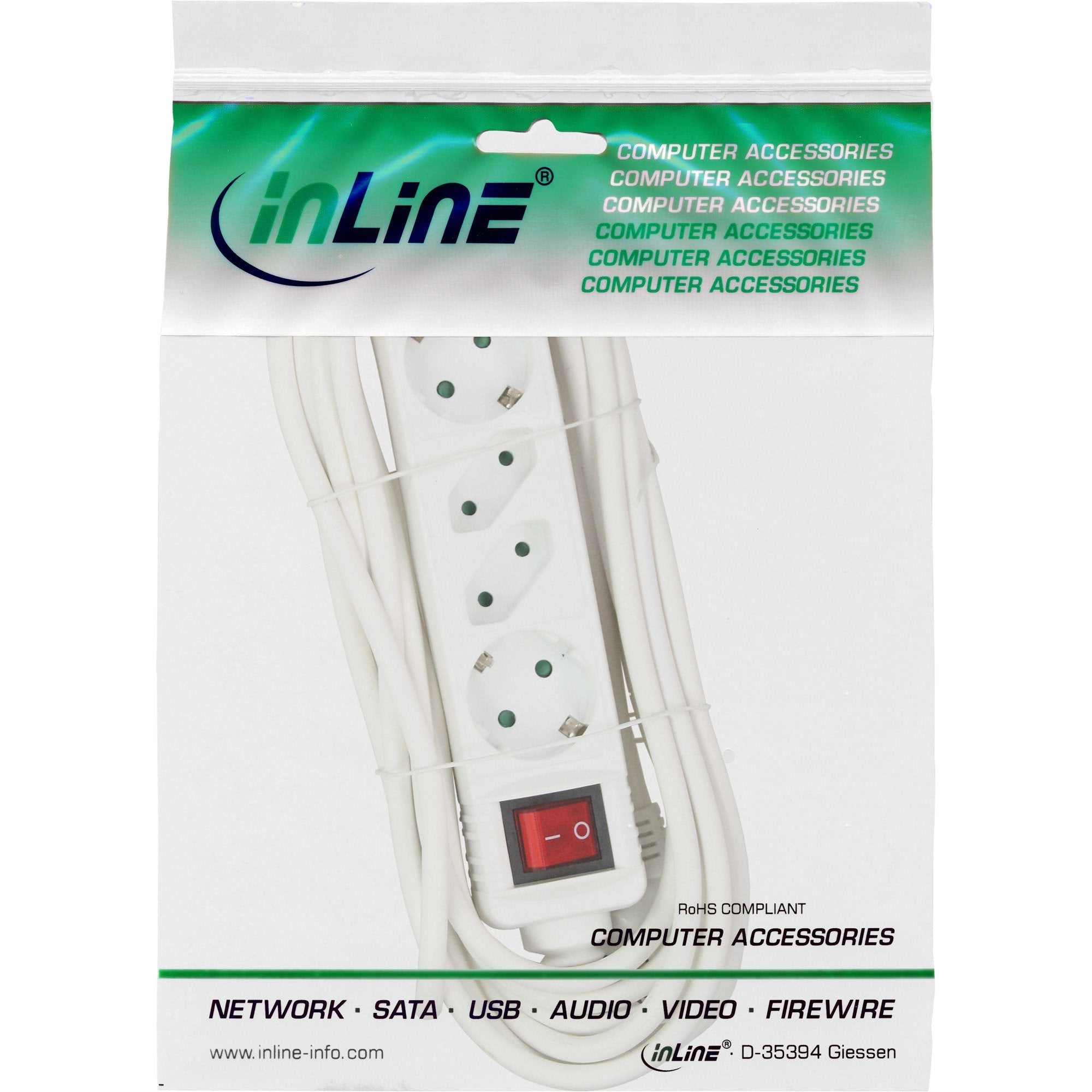 Inline Regleta 4 Tomas 2x Tipo F + 2x Euro Con Interruptor Y Seguridad Infantil Blanco 1,5m