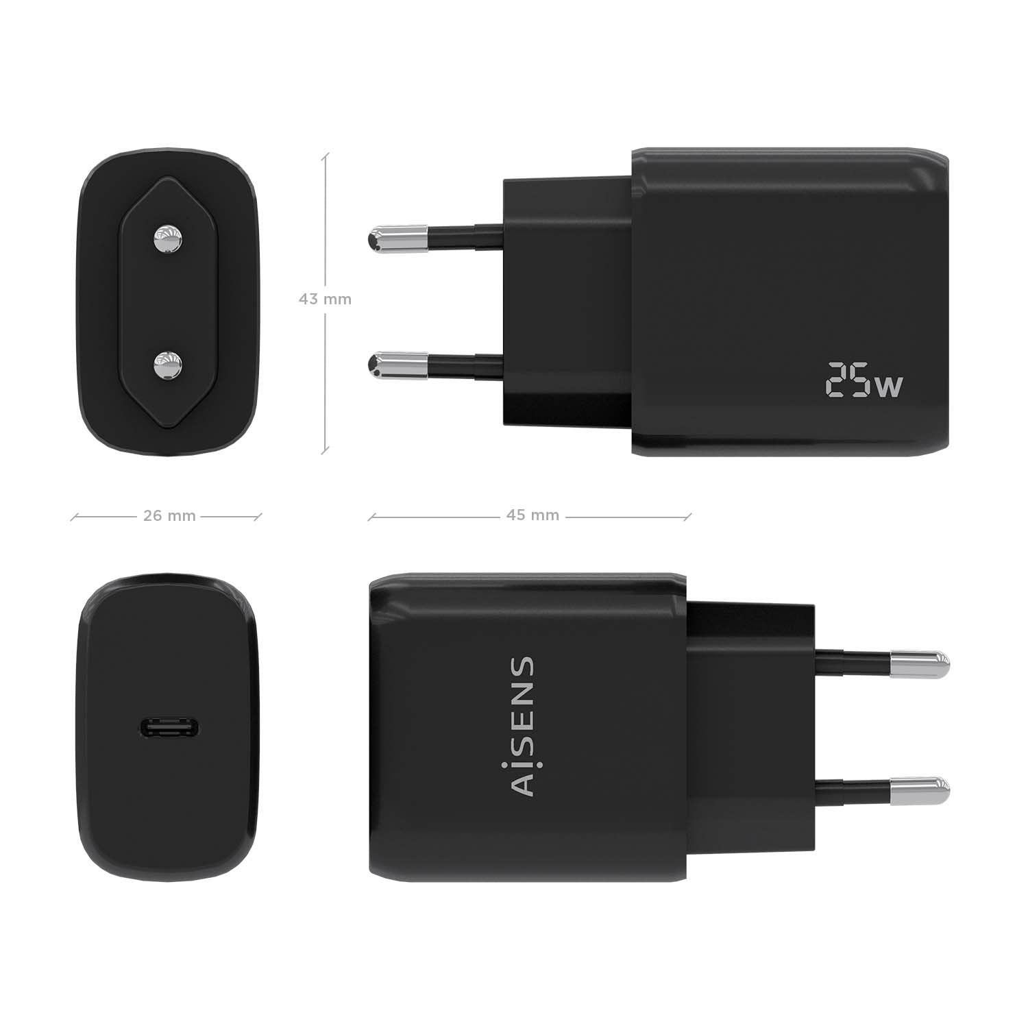 Aisens Cargador Usb-C Pd3.0 1 Puerto 1xusb-C 25w - Negro