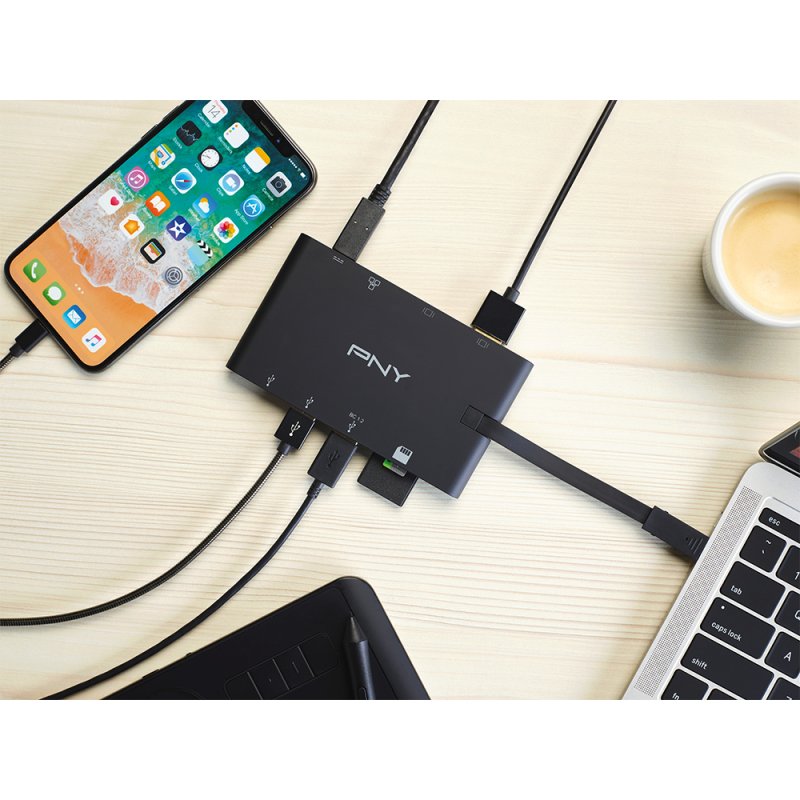 Pny 9 En 1 Mini Hub Portátil Con Cable Usb-C Integrado Con 2 Puertos Usb-C, 2 Puertos Usb-A 3.1, 1 P