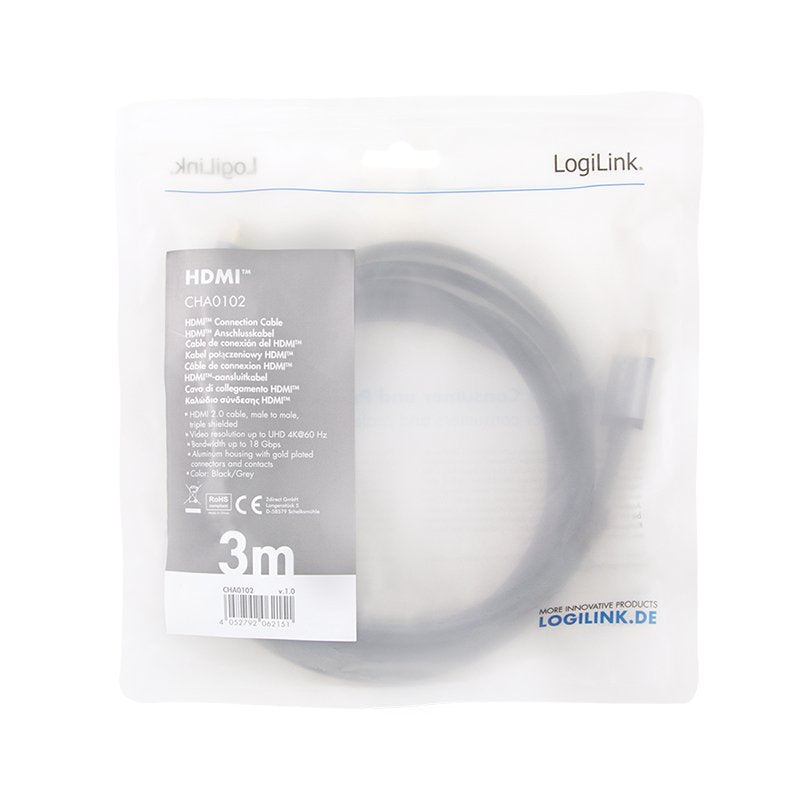 Logilink Cha0102 Cable Hdmi A/M To A/M 4k/60 Hz Alu Black/Grey 3m
