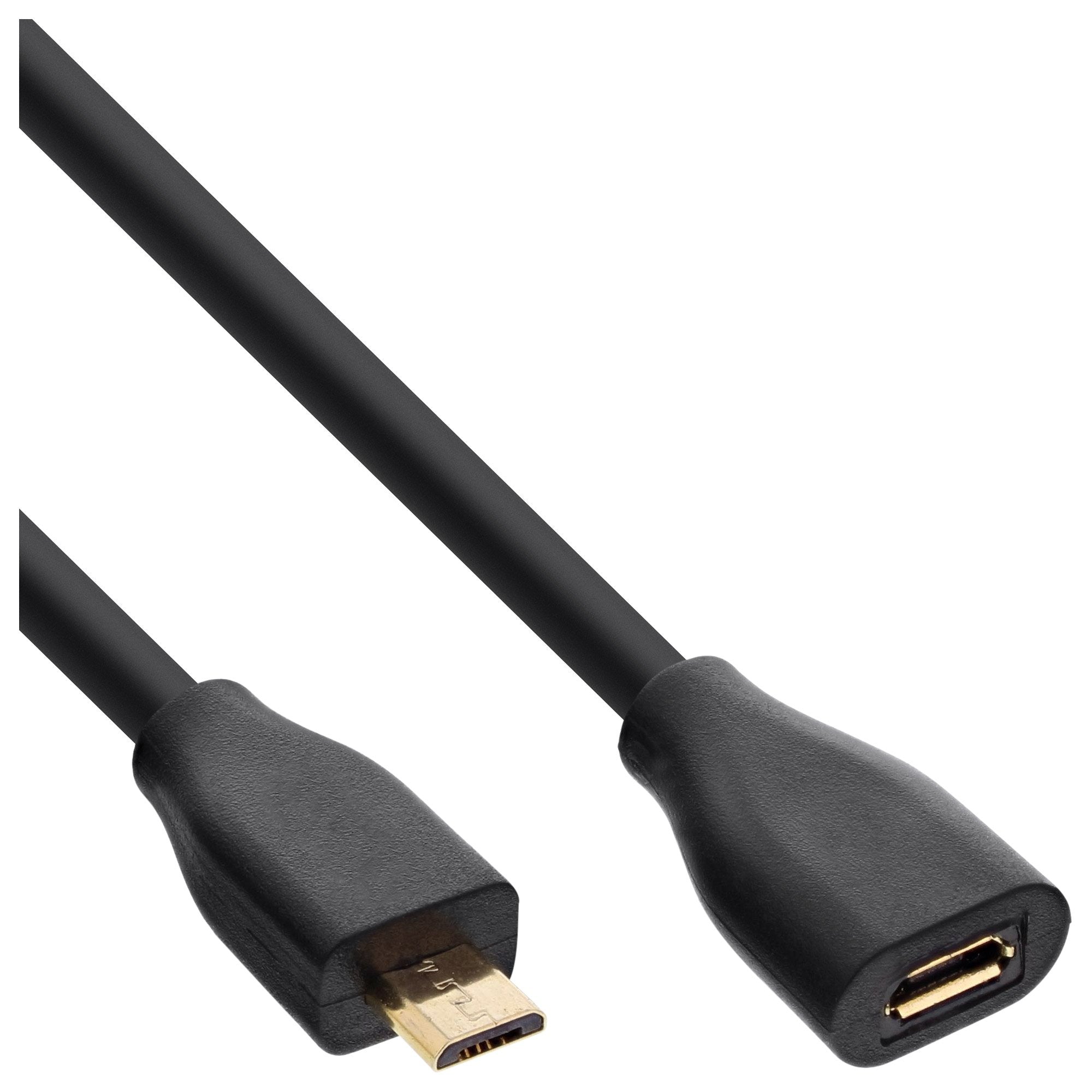 Cable De Extensión Inline Micro-Usb, Usb 2.0 Micro-B M/H, Negro/Dorado, 1,5 M