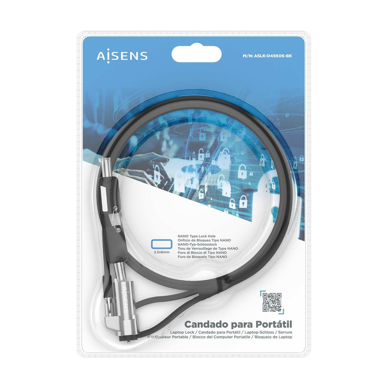 Aisens Cable De Seguridad Tipo Nano Para Portátiles Aslk-D45k06-Bk 1.5m