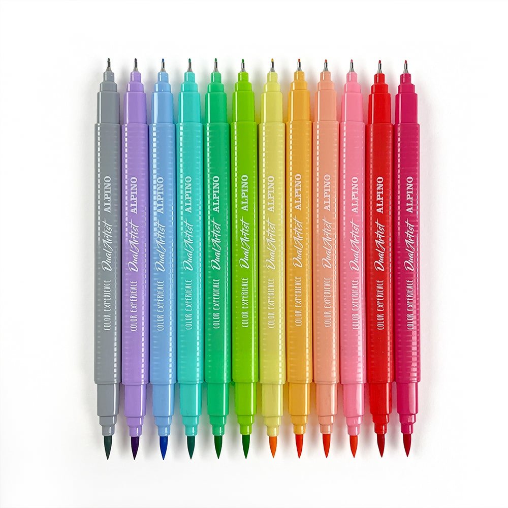Alpino Color Experience Pack De 12 Rotuladores Pastel Doble Punta - Forma Triangular Ergonomica - Puntas Fine Liner De 0.7mm Y Pincel De 2.9mm - Colores Surtidos