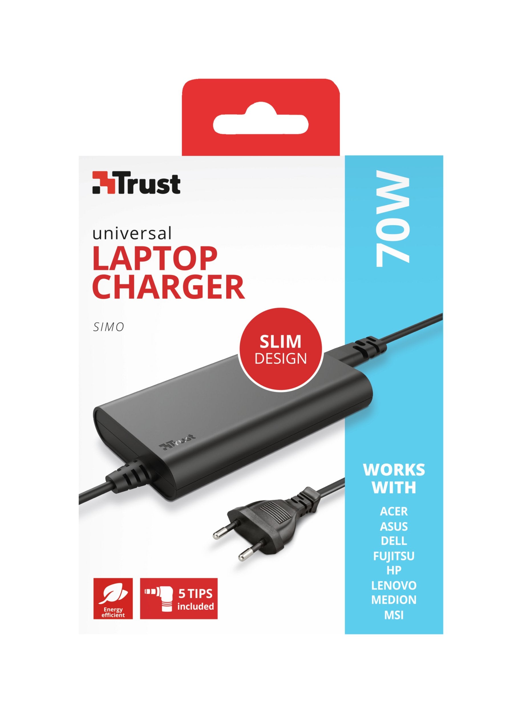Trust Cargador De Portátil Universal Ultradelgado De 70 W Simo
