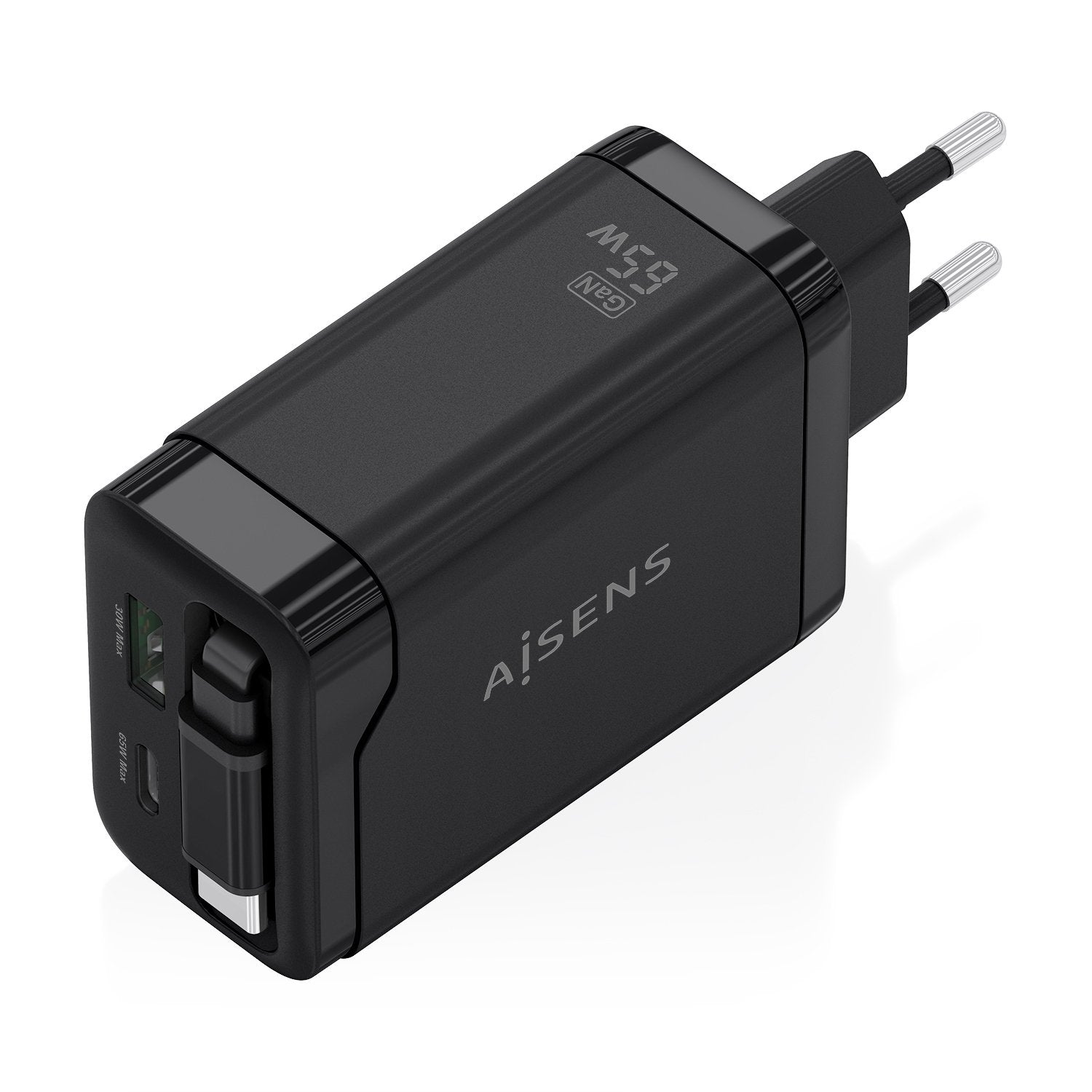 Aisens Cargador Gan 65w, 1xusb-C Cable Retractil, 1xusb-C Pd3.0, 1xusb-A Qc3.0, Negro