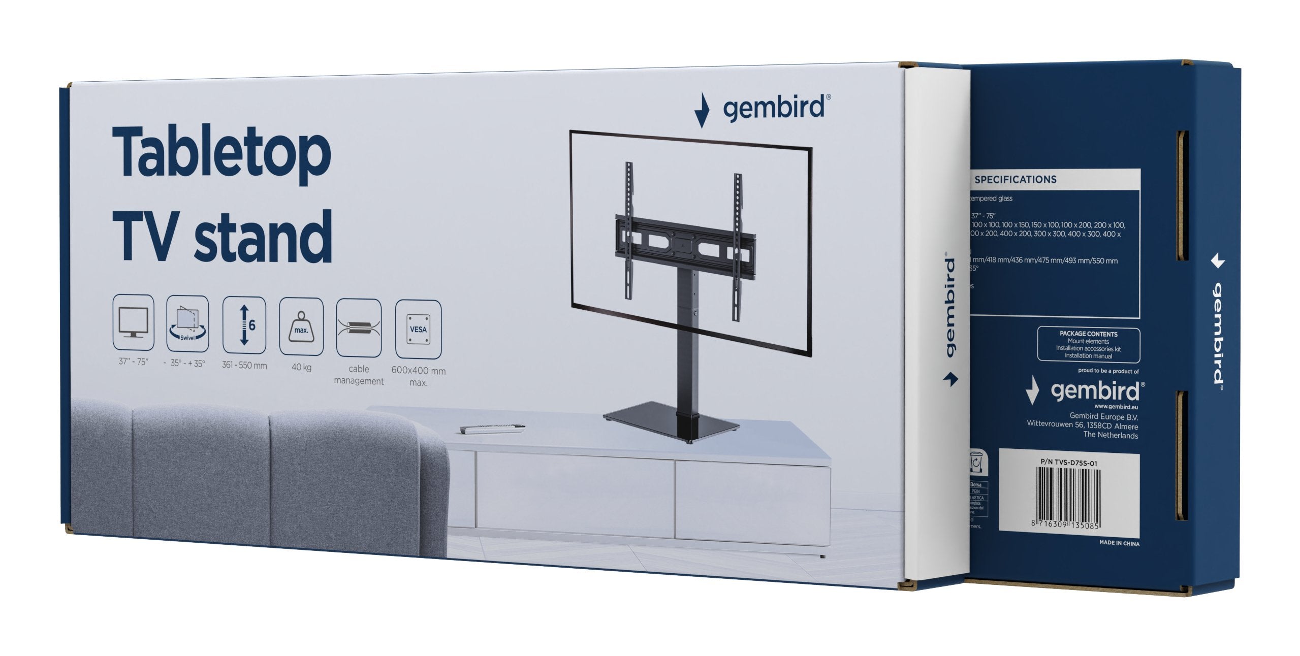 EAN 8716309135085 - Gembird TVS-D75S-01 soporte para TV 190,5 cm (75") Negro imagen 6