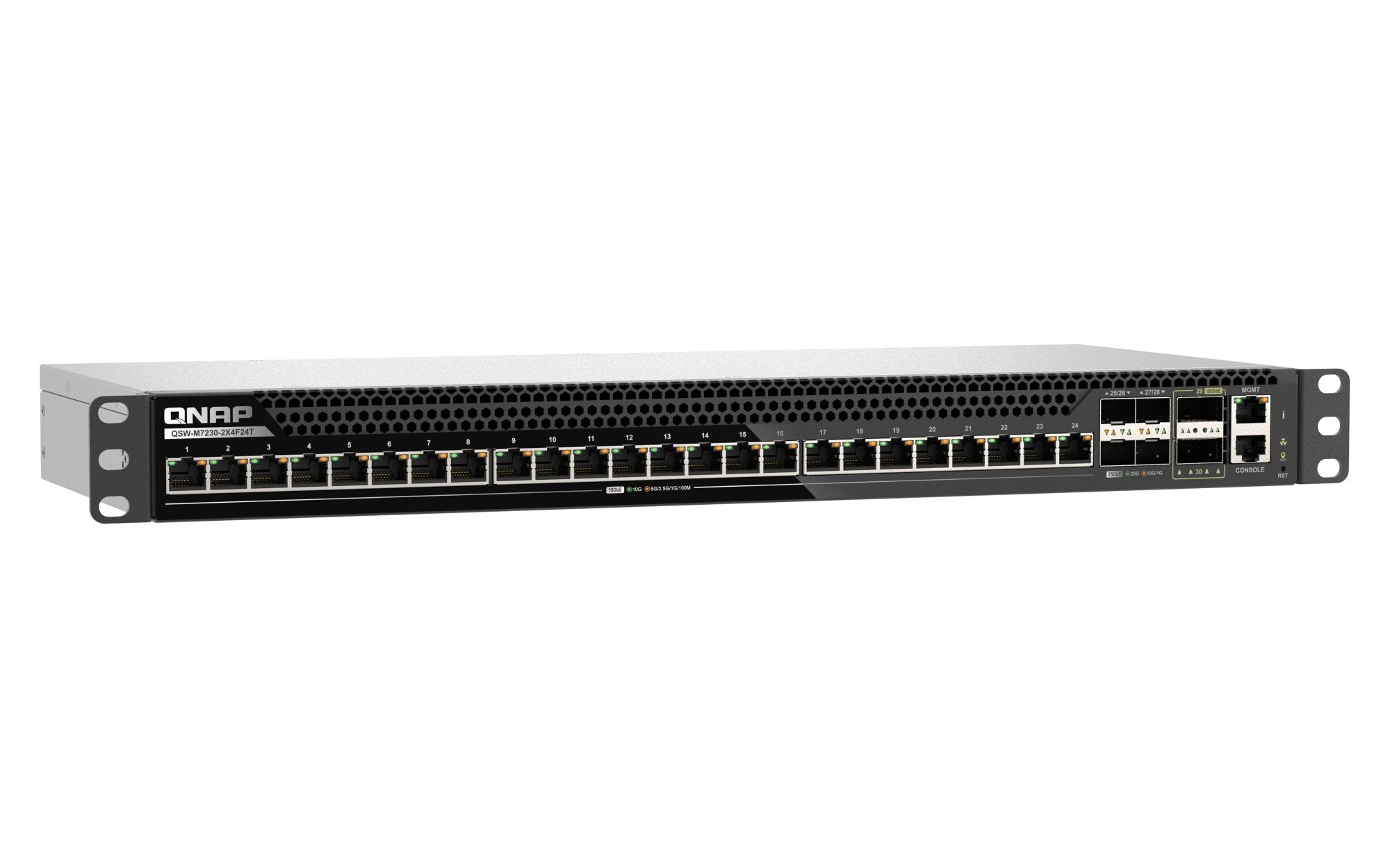 Qnap Qsw-M7230-2x4f24t Conmutador 2 X 100 Gigabit Qsfp28 + 4 X 25 Gigabit Sfp28 Montable En Rack Para Qnap Cab-Dac50m-Sfpp Trx-10gitsfpp-Sr Trx-25gsfp28-Sr