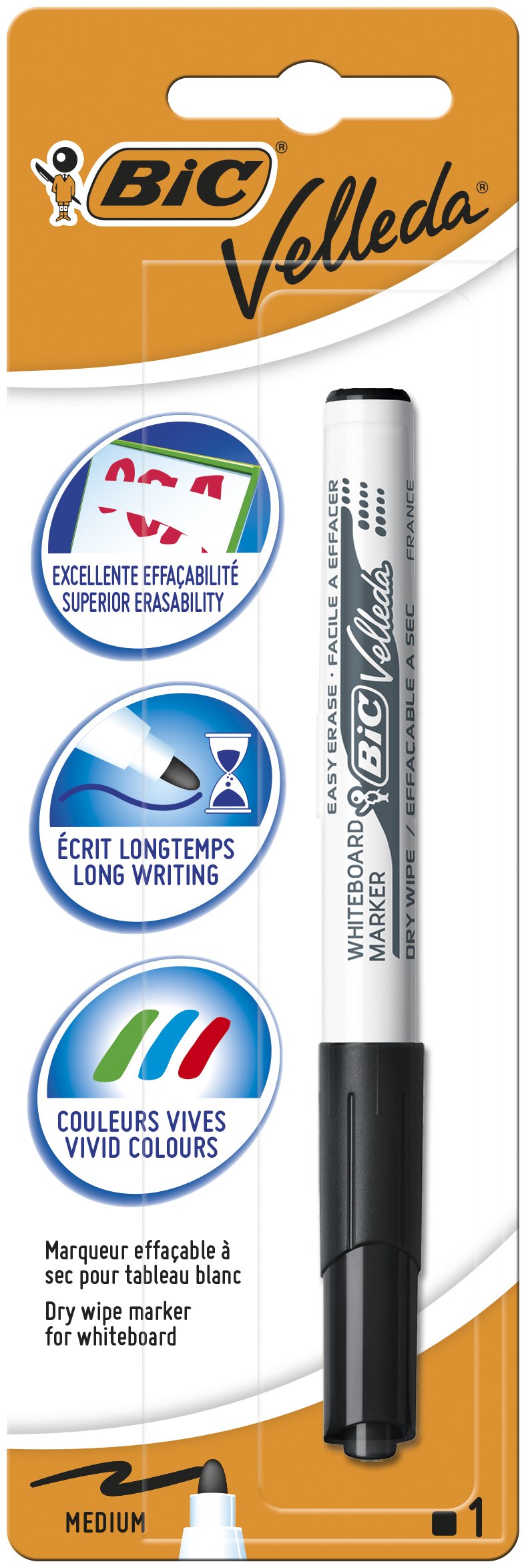 Bic Velleda 1741 Marcador Para Pizarra - Punta De 4.5 Mm - Trazo 1.4mm - Tinta Con Base De Acetona - Borrado Optimo - Larga Duracion - Color Negro