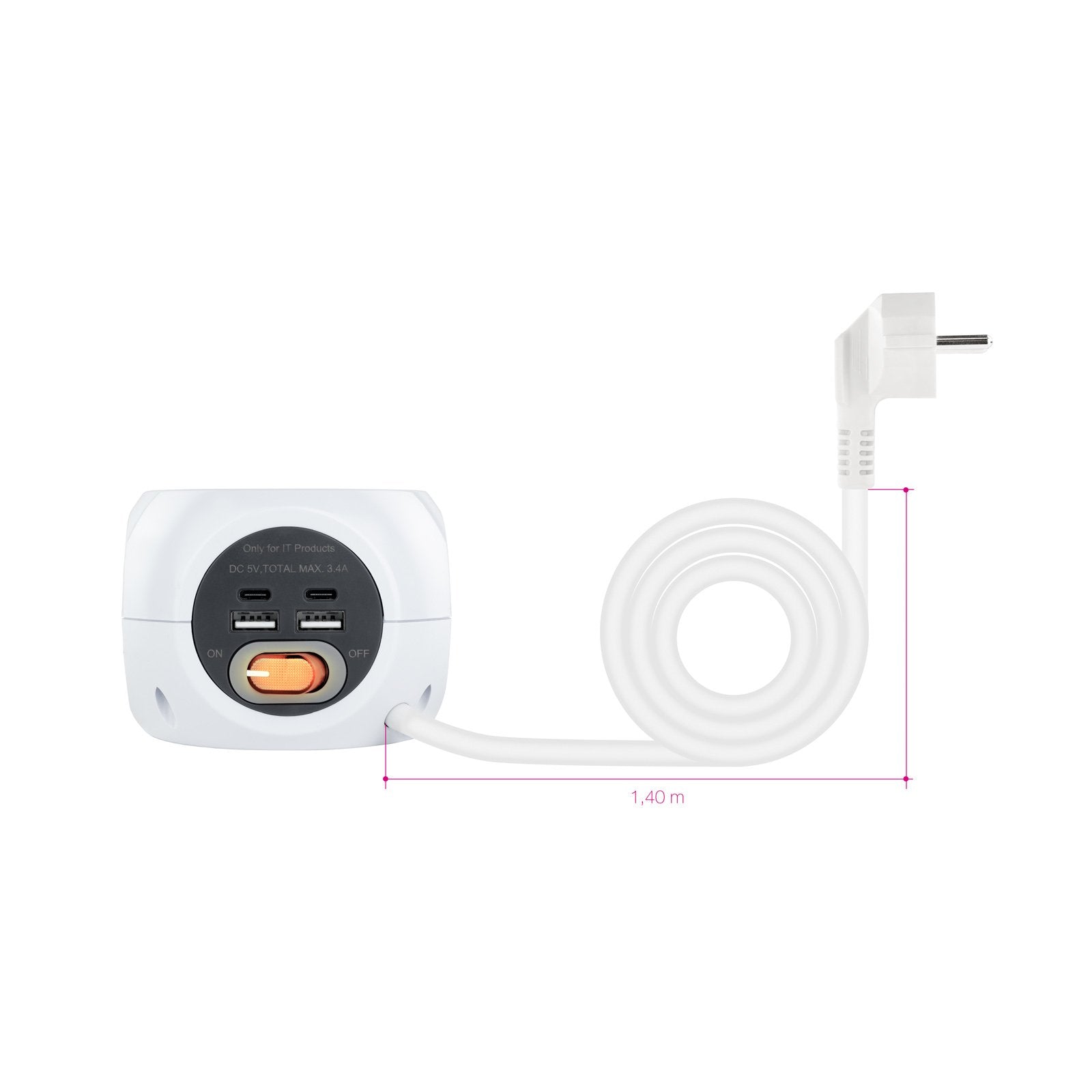 Nanocable Base De 3 Enchufes Tipo F + 2x Usb-A Y 2x Usb-C Con Interruptor - Cable De 1.40m