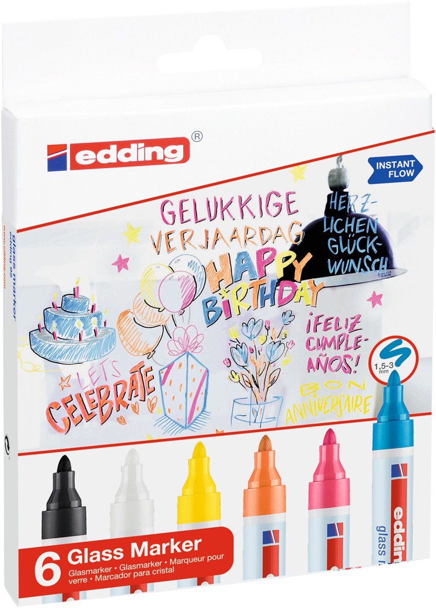 Edding 95 Pack De 6 Rotuladores De Tiza Liquida - Punta Redonda - Trazo 1.5-3mm - Colores Blanco, Amarillo, Negro,