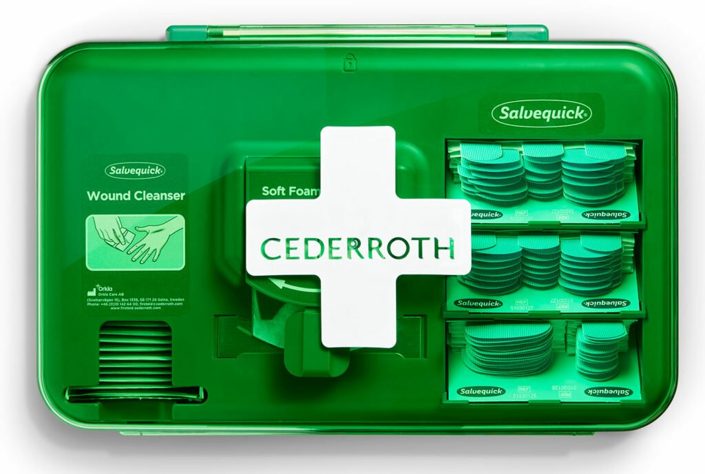 Cederroth Dispensador Para El Cuidado De Heridas - Incluye Diferentes Tamaños De Apositos Color Azul, Toallitas Para Heridas Y Venda Autoadherente